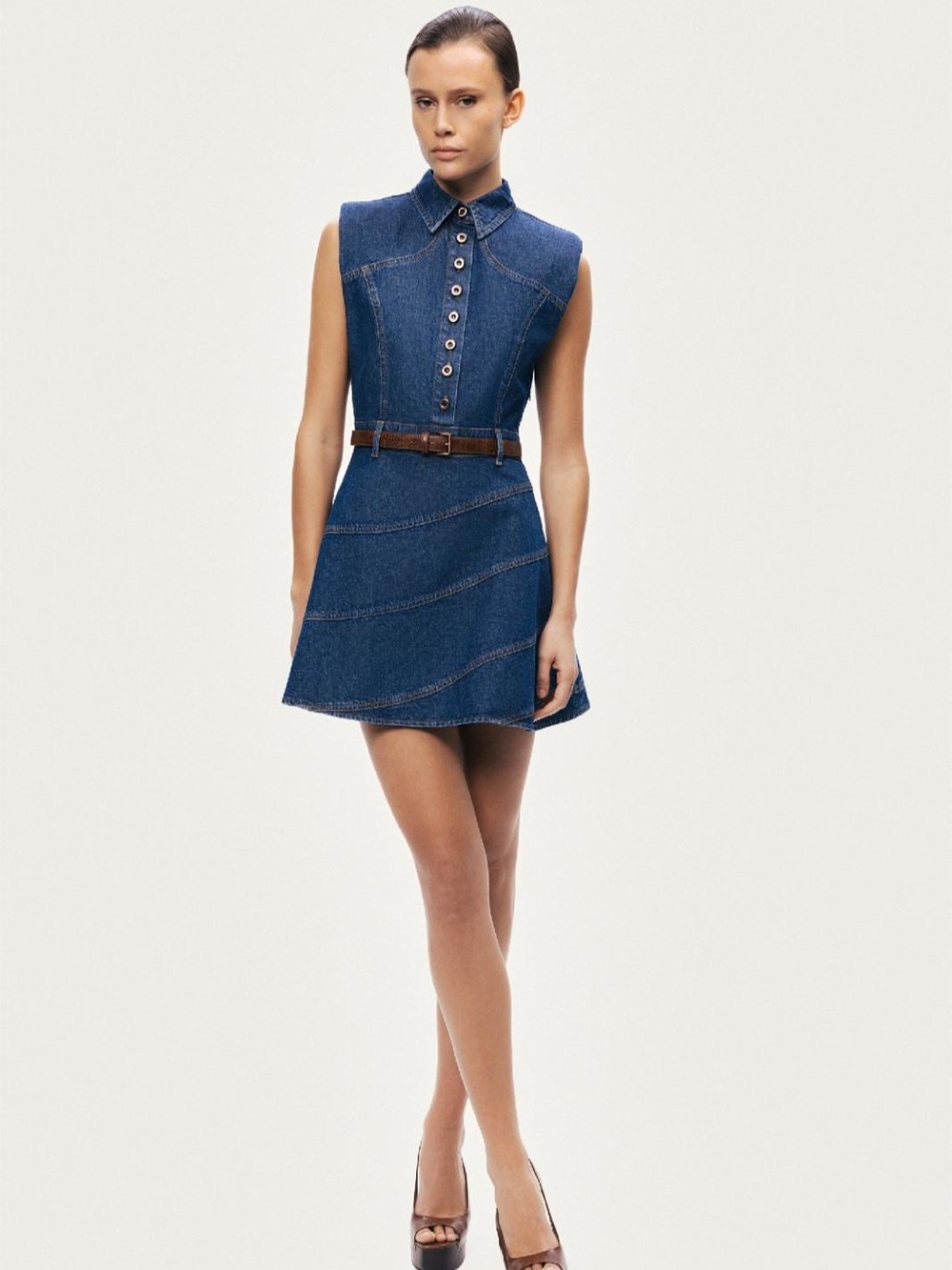 Sleeveless Blue Denim Mini Dress with Belt